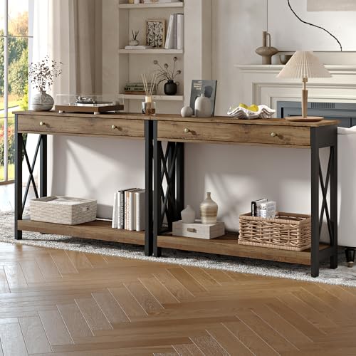 Treocho Console Table with Drawer and Storage Shelves, Foyer Sofa Table Narrow for Entryway, Living Room, Hallway Rustic Oak & Black Treocho