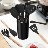 LIANYU 15-Piece Kitchen Silicone Cooking Utensils Set with Holder, Wooden Handle Kitchen Tools Include Spatula Tong Slotted Spoon Turner Whisk Brush, Black LIANYU