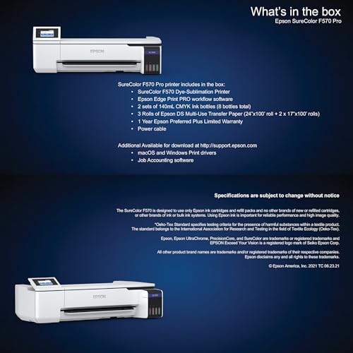Epson Surecolor F570 Pro 24" Desktop Sublimation Printer, Includes Two Full Ink Sets, User Guide, Sublimation Paper, & Free Remote Install SCF570PE (Printer & Inks)