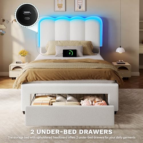 YITAHOME Twin Size Bed Frame with Drawer, Adjustable Headboard with Charging Station and LED Lights, Upholstered Platform Bed with Heavy Duty Wood Slats, No Box Spring Needed, Easy Assembly, Beige YITAHOME