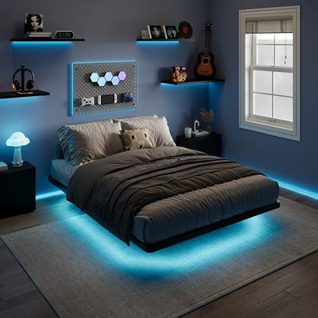 SHA CERLIN Floating Bed Frame Full Size with Smart LED Lights and Charging Station, Heavy Duty Metal Platform Bed with Modern Design,No Box Spring Needed, Easy Assembly, Matte Black SHA CERLIN