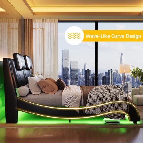 Jocisland LED Queen Bed Frame, Modern Faux Leather Upholstered Platform Bed Frames with Headrest Headboard, Low Profile Bed with Wave-Like Curve Design, No Box Spring Needed, Easy Assembly, Black Jocisland