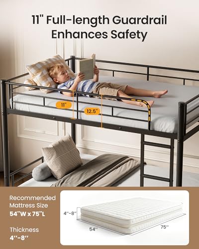 Mixcous Full Over Full Bunk Bed, Convertible into 2 Full Beds, Heavy-Duty Metal Bed Frame with Safety Full-Length Guardrails & EVA Padded Ladder for Adults, Teens, Kids, No Box Spring Needed, Black Mixcous
