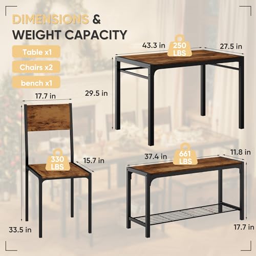 Shahoo Kitchen Table and 2 Chairs for 4 with Bench, 4 Piece Dining Sets for Small Space, Rustic Brown Shahoo