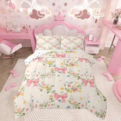 Feelyou Floral Bowknot Comforter Set,Pink Bow Tie Print Bedding Set Twin Size,Girls Bedroom Room Decor,Cute Bow Flower Comforter,Dreamy Princess Style Bed Set for All Season Feelyou