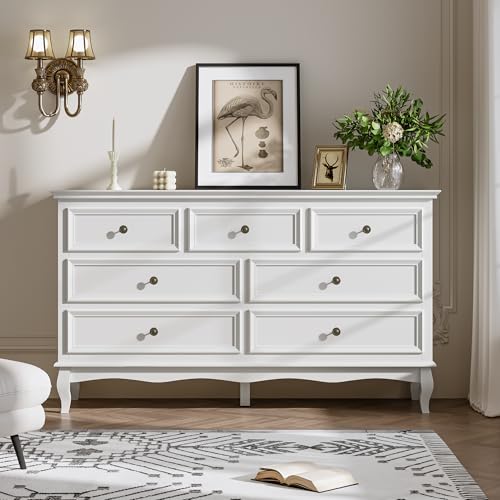 May in Color White 7 Drawer Dresser, Wooden Chest of Drawers for Bedroom with Solid Wood Legs and Painted Finish, Modern Storage Closet Cabinet Organizer for Living Room, Hallway