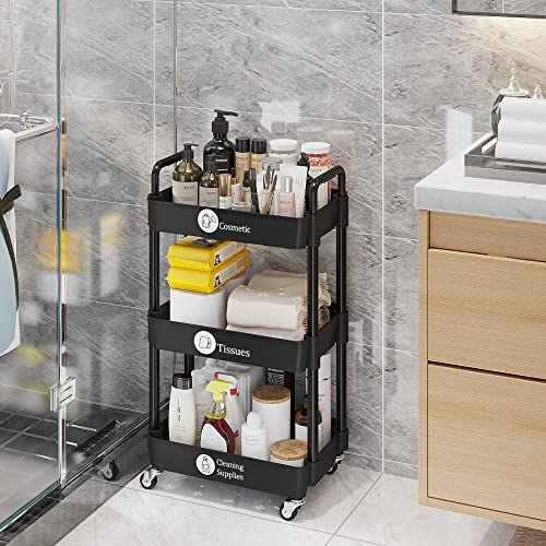 UDEAR 3-Tier Rolling Utility Cart with 12 Category Labels,Multifunctional Comagtable Rolling Shelving with Handle and Lockable Wheels for UDEAR