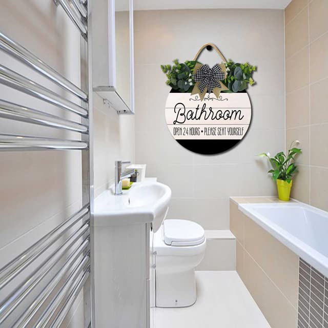 Bathroom Decor,Bathroom Open 24 Hours Please Seat Yourself Sign,Rustic Round Wooden Wreath Sign,Modern Farmhouse Home Accent For All The Seasons Hilonret