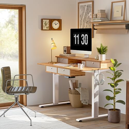 FEZIBO Sturdy Height Adjustable Electric Standing Desk with Drawers, 63 x 24 Inch Stand Up Table with Large Storage Shelf, Sit Stand Desk, Light Rustic Brown Top - WoodArtSupply