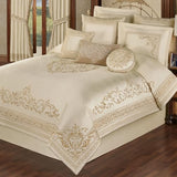 Versailles Luxury Bedding | Classic Neutral Pearl | Palace-Inspired French Style Golden Scrollwork Embroidery on Sateen | 7 Piece Set: Cal King Comforter, Bedskirt, 2 King Shams & 3 Decorative Pillow Touch of Class
