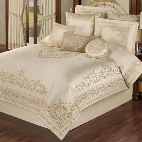 Versailles Luxury Bedding | Classic Neutral Pearl | Palace-Inspired French Style Golden Scrollwork Embroidery on Sateen | 7 Piece Set: Cal King Comforter, Bedskirt, 2 King Shams & 3 Decorative Pillow Touch of Class