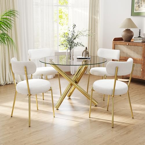 HAIZAO Gold Round Glass Dining Table Set for 4, 36'' Small Modern Kitchen Table Set with 4 White Gold Boucle Upholstered Dining Chairs, 5 Piece Luxury Dining Room Set, Easy Assemble HAIZAO