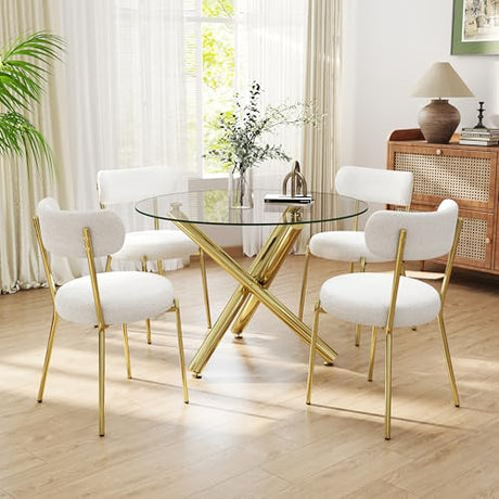 HAIZAO Gold Round Glass Dining Table Set for 4, 36'' Small Modern Kitchen Table Set with 4 White Gold Boucle Upholstered Dining Chairs, 5 Piece Luxury Dining Room Set, Easy Assemble HAIZAO