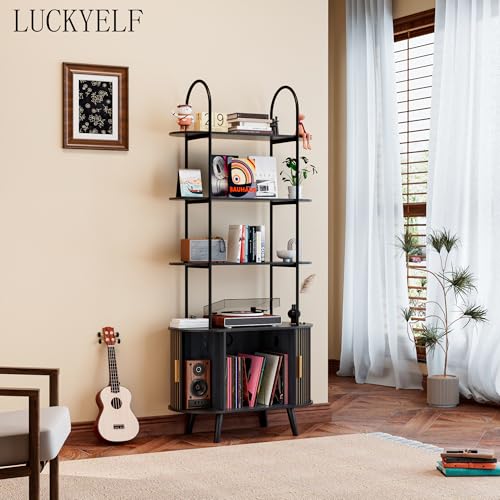Tall Vinyl Record Player Stand, Black Small Record Storage Cabinet, 4 Tier Arched Bookshelf with Sliding Doors, Fluted Media Display Shelf, Mid Century Modern Turntable Stand for Living Room, Retro Woemtoric