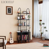Tall Vinyl Record Player Stand, Black Small Record Storage Cabinet, 4 Tier Arched Bookshelf with Sliding Doors, Fluted Media Display Shelf, Mid Century Modern Turntable Stand for Living Room, Retro Woemtoric