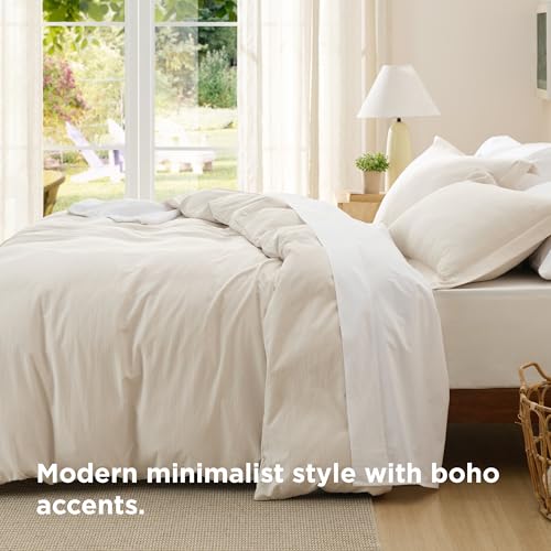 Bedsure Textured Duvet Cover Queen Size - Cotton-Like Polyester Jacquard Duvet Cover Set for All Seasons - 3 Pieces Ultra Soft Bedding Set with 2 Pillow Shams, NO Comforter (Beige, Queen, 90"x90") Bedsure