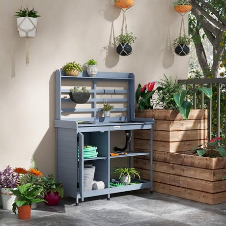 Outsunny Wooden Potting Bench, Outdoor Potting Table with Storage Cabinet, Storage Shelves for Backyard, Patio, Balcony, Gray Outsunny