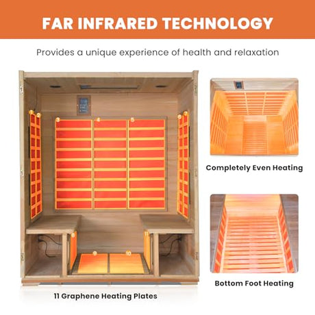 Outdoor Sauna 4 Person Infrared Saunas Outdoor Dry Sauna Room Wood Wooden Sauna Canadian Fir Red Cedar Low EMF 2600W/240V with Oxygen Bar, 7 Color Light, Control Panel, Speaker - 62.2" x 46.9" x 81.9" HOSAUNA