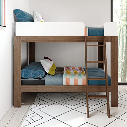 Max & Lily Mid-Century Modern Twin Over Twin Solid Wood Bunk Bed in Walnut/White Max & Lily