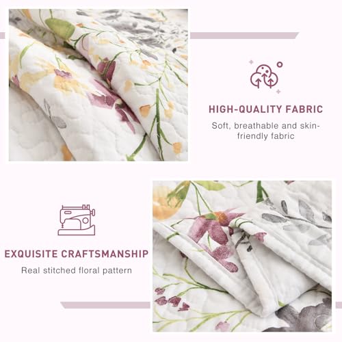Lady Ann Wild Floral Printed Bed Quilt Sets Queen 100% Cotton Yellow Flower Botanical Pattern Bedding, Vintage Lightweight Coverlet Ultra Soft Bedspread Set with Pillow Shams for All Season, 3 PCS Lady Ann
