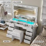Vanity Desk with Mirror, Makeup Table with Power Outlet and 11 Lights, Set 3 Lighting with RGB Drawers, Vanity Table with 11 Drawers and Cushioned Stool for Bedroom, Dressing Room (White) CollaredEagle