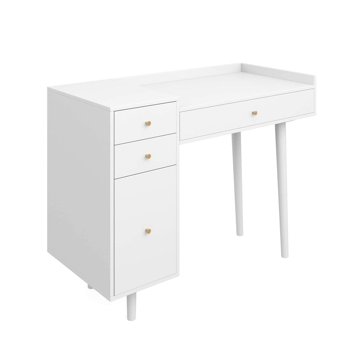 Nathan James Daisy Vanity Dressing Table or Makeup Desk with 4-Drawers and Brass Accent Knobs, White Wood Nathan James
