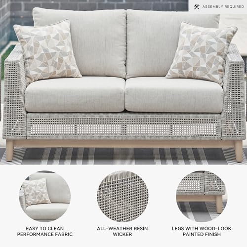 Signature Design by Ashley Seton Creek Cottage Weather Resistant Outdoor Loveseat with Cushion and 2 Throw Pillows, Light Brown & Light Gray Signature Design by Ashley