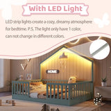 Mirightone Full Floor Bed with High Rails, Wooden Montessori Bed Frame with Single Color Light and House Shape Design, Low Profile Beds for Kids, Boys and Girls, Grey Mirightone