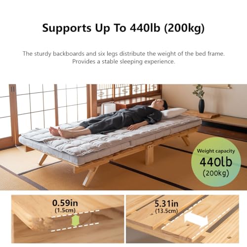 EMOOR Foldable Wood Slatted Floor Bed Frame OSMOS Twin Solid Pine (Earth-Natural), Easy Assembly Space Saving Storable Floor Life Tatami EMOOR