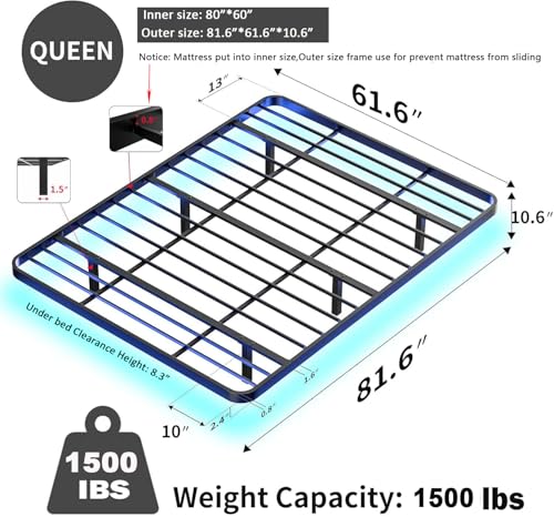 Meitewei Floating Bed Frame with LED Lights Queen Size Metal Platform Floating Bed with 15 Steel Slats, No Box Spring Needed, Noise-Free, Easy to Assemble, Black Meitewei