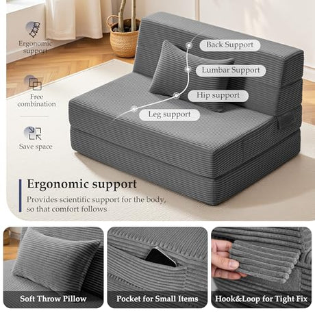 Youzi Folding Sofa Bed Convertible Sleeper Chair with Pillow, 4-in-1 Foldable Mattress Futon Couch Bed to Lounge Chair for Living Room, Bedroom, Dorm & Guest, Washable Cover, Dark Gray, Single Youzi