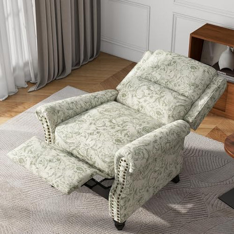 UIXE Floral Pushback Recliner Chair, Fabric Overstuffed Armchair Push Back Accent Chair for Living Room, Rivet Trim Club Chair Home Theater Single Sofa Bedroom Side Reading Seat - Rococo Green UIXE