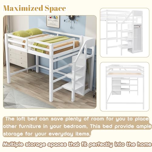 Bellemave Full Size Loft Bed with Stairs and Built-in Storage Wardrobe, Wood Loft Bed Frame with Storage Shelves and Hanging Rod White Loft Beds for Kids Boys Girls Adults Teens Dorm Bedroom Bellemave