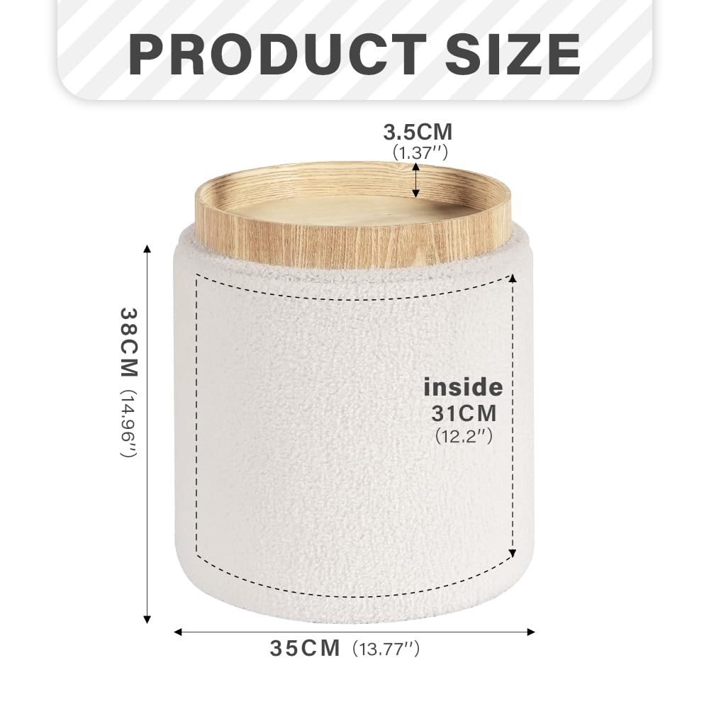 PINPLUS Round Storage Ottoman Boucle Ottoman with Tray, Teddy Velvet Footstool Ottoman Cube for Living Room, Bedroom, Dorm 13.4"x13.4"x15" (White) PINPLUS
