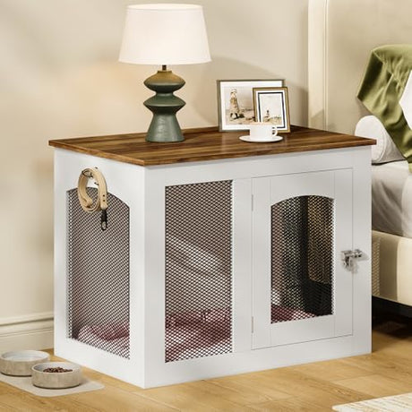 CHOEZON Wooden 30.1" Dog Crate Furniture, Farmhouse Pet Cage End Table with Secure Lock, Ventilated Mesh for Medium Dogs, Dog Kennel Furniture for Living Room, Bedroom, White and Walnut MGW02WL CHOEZON