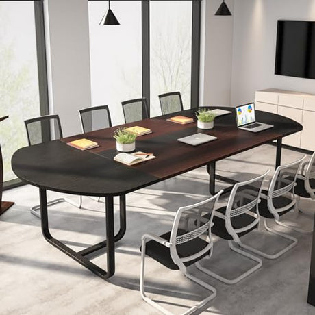 6ft Oval Conference Table Curved Meeting Tables for Office Brown Contemporary Metal Wood Walnut Finish WoodArtSupply