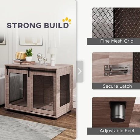 PawHut 39" Dog Crate Furniture, Dog Kennel Furniture End Table with Sliding Barn Door, Pet Cage Table for Large Breeds, Walnut Brown PawHut