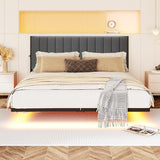 JUISSANO Floating Full Bed Frame with LED Lights & Charging Station,Metal Platform Bed Frame Full Size with Upholstered Headboard,No Box Spring Needed,Heavy Duty Steel Slats,Easy to Assemble No Noise JUISSANO