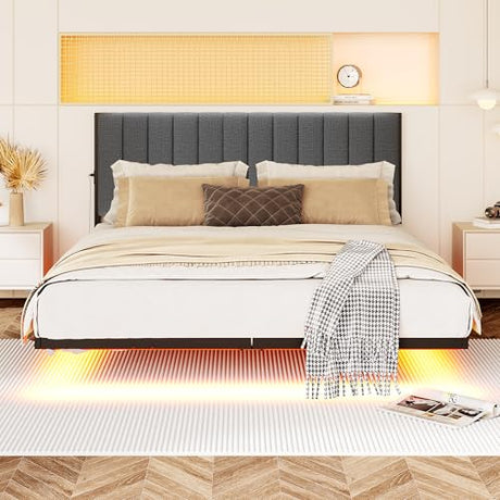 JUISSANO Floating Full Bed Frame with LED Lights & Charging Station,Metal Platform Bed Frame Full Size with Upholstered Headboard,No Box Spring Needed,Heavy Duty Steel Slats,Easy to Assemble No Noise JUISSANO
