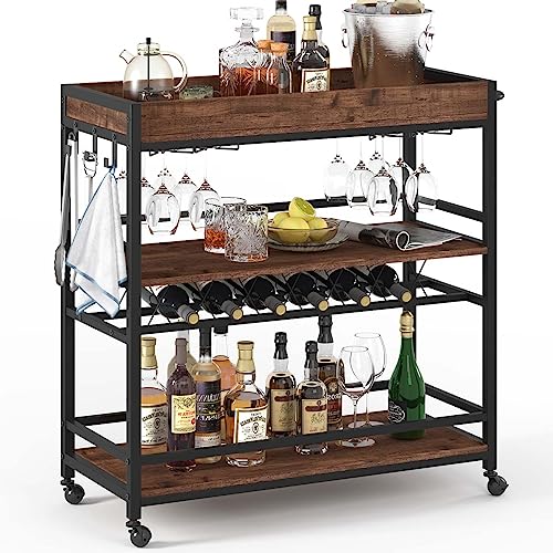 BON AUGURE Bar Cart for The Home, Rolling Home Bar Serving Cart on Wheels, 3 Tier Liquor Beverage Cart for Home Bar with Wine Rack and Glass Holder, Rustic Oak BON AUGURE