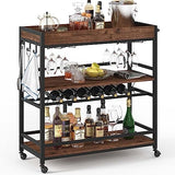 BON AUGURE Bar Cart for The Home, Rolling Home Bar Serving Cart on Wheels, 3 Tier Liquor Beverage Cart for Home Bar with Wine Rack and Glass Holder, Rustic Oak BON AUGURE