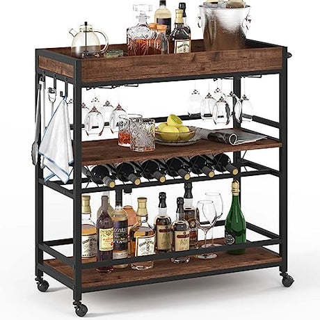 BON AUGURE Bar Cart for The Home, Rolling Home Bar Serving Cart on Wheels, 3 Tier Liquor Beverage Cart for Home Bar with Wine Rack and Glass Holder, Rustic Oak BON AUGURE