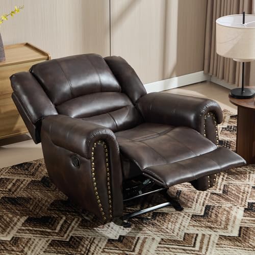 CANMOV Rocker Recliner Chair, Leather Recliner Chair with Overstuffed Backrest and Armrests, Manual Single Sofa for Living Room,Bedroom, Dark Brown