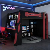 VilroCaz Modern Full Size Gaming Loft Bed with Built-in Desk and Multi-Storage Shelves, Wood Loft Bed Frame with Light Strip, Maximize Space Saving (Red-5.17) VilroCaz