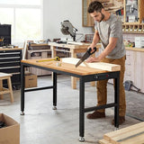 Hombanyan Heavy Duty Workbench, Solid Wood Working Bench Adjustable Height Rolling Work Tables with Power Outlets for Home Office, 1800 Lbs Capacity (Rubber Pad丨60 x22 丨Socket) Hombanyan