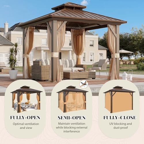 YOLENY 10' x 10' Hardtop Gazebo, Metal Gazebo with Aluminum Frame, Double Galvanized Steel Roof, Curtains and Netting Included, Pergolas for Patios, Garden, Parties, Lawns - WoodArtSupply