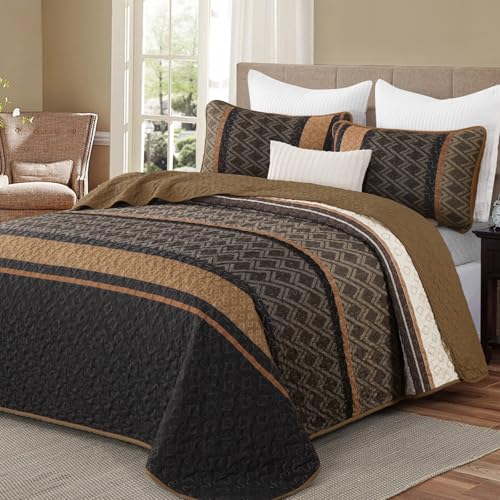 Dinjoy King Size Quilt Set Boho, Soft 3 Pieces Striped Bedspreads Quilts Brown Bedding Sets Boho Lightweight Quilted Coverlets Set Fall Bed for All Seasons 110"x90" Dinjoy