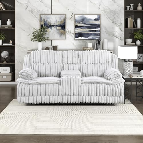 Lexicon Manual Double Reclining Loveseat with Center Console, Corduroy Manual Wall Hugger Recliner Couch, Pillow Top Arms, Cup Holders, Hidden Storage, Cozy Loveseat for Living Room, Gray Lexicon
