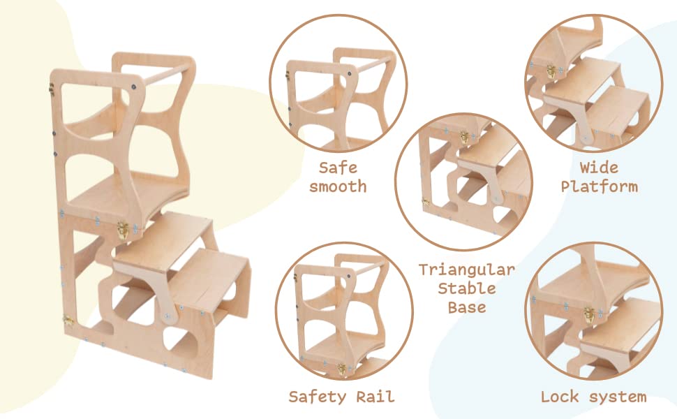 Toddler Step Stool Kids - Kitchen Stool for Toddlers - Learning Helper Tower Montessori Furniture - Chair with Back (with a Neckline) Wood And Hearts
