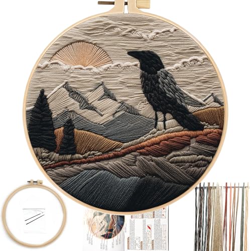 FONNUY Embroidery Kit, Featuring Crow and Landscape Patterns, Cross Stitch Kits for Both Adults and Beginners, Handmade Crafts Printed Pattern Set, Color Thread Needlework, 8'' Hoop (Fearless Bird)
